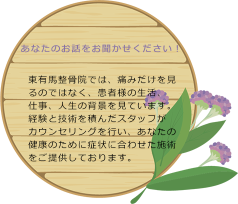 あなたのお話をお聞かせください！
東有馬整骨院では、痛みだけを見るのではなく、患者様の生活、
仕事、人生の背景を見ています。
経験と技術を積んだスタッフが
カウンセリングを行い、あなたの健康のために症状に合わせた施術をご提供しております。